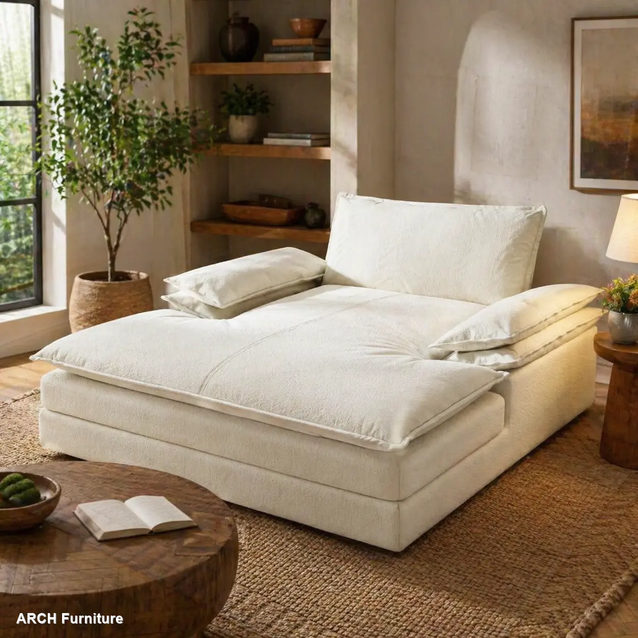 Modern Oversized 2-Seat Chaise Lounge Chair - Wrinkle-Resistant Detachable Chenille Upholstered Deep-Seat Reading Chair with Large Pillows, Wide Armrests, 300 lbs Capacity, 80" L x 75" W x 35.4" H, Assembly Required for Living Room, Bedroom, Upholstered S