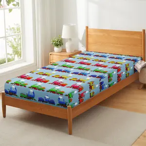 Train Bedding Set ,Construction Train Bed Sheets Colorful Cartoon Smoking Steam Engine Fitted Bed Sheet for Kids Boys Girls Train Room Decor Blue Stripes Decor Bedding with 1 Pillow Case