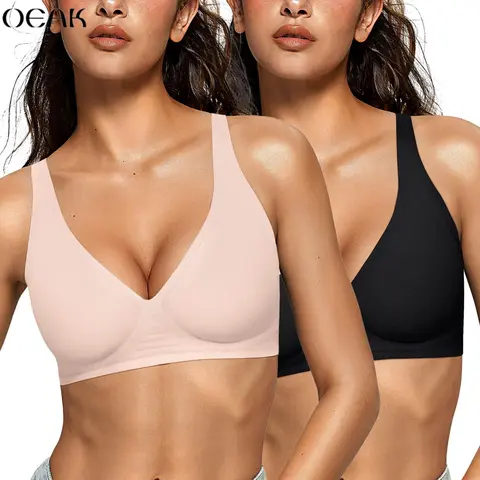 OEAK 2PCS Women's Comfortable Wireless Jelly Bras Push Up Bralettes Seamless T-Shirts Deep V Everyday Bras - Womenswear