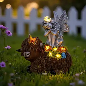 Angel Garden Decor Statue Solar Angel Sitting  Highland Cow Succulent Butterfly Bee LED Lights Outdoor Decorations for Yard Patio Housewarming  for Mom Women