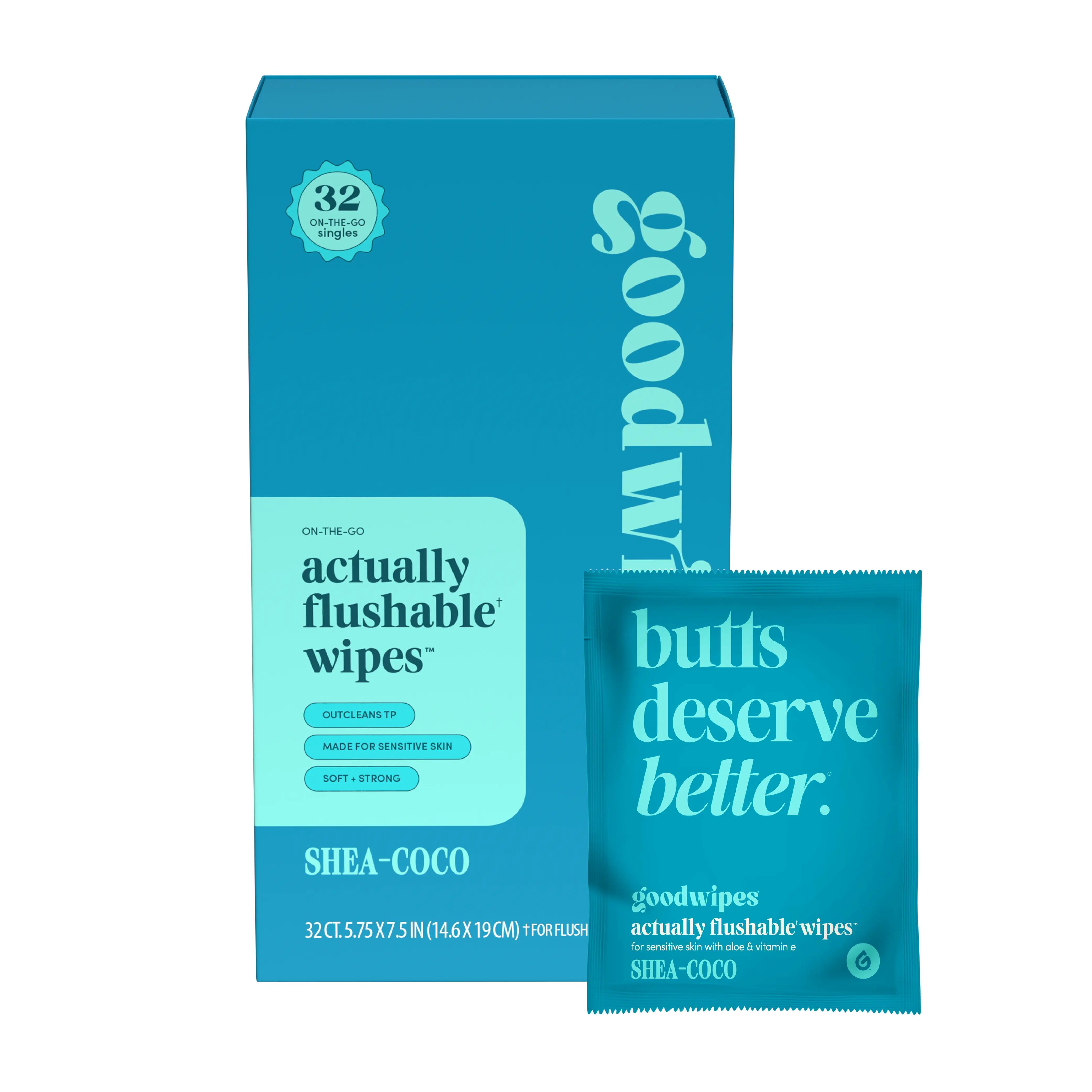 goodwipes Shea-Coco Flushable Wipes - Individually Wrapped Butt Wipe for On-the-Go Adults - Portable Mini Wipes - Travel Essentials - Sewer & Septic Safe- 2 pack of 32ct