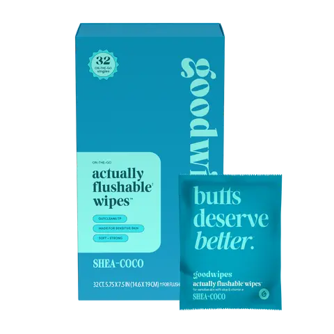 goodwipes Shea-Coco Flushable Wipes - Individually Wrapped Butt Wipe for On-the-Go Adults - Portable Mini Wipes - Travel Essentials - Sewer & Septic Safe- 2 pack of 32ct