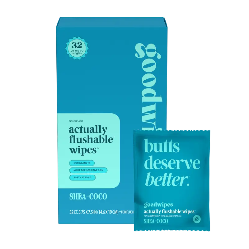 goodwipes Shea-Coco Flushable Wipes - Individually Wrapped Butt Wipe for On-the-Go Adults - Portable Mini Wipes - Travel Essentials - Sewer & Septic Safe- 2 pack of 32ct