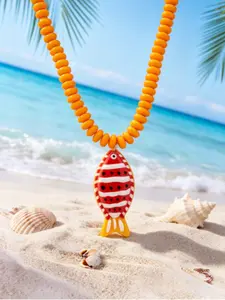 Women's Handpainted Fish Pendant Beaded Necklace, Multicolor Bohemian Ocean Style, Beach Party Jewelry, Marine Life Pendant