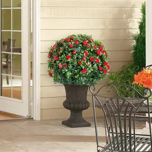 23in Artificial Topiary Flower with Ground Spike-Artificial Topiary Ball Trees with Rose Flowers- PE Fake Plants with Metal Stakes for Indoor and Outdoor Decor 4 Pack Red Decorative Fruit Faux Gift