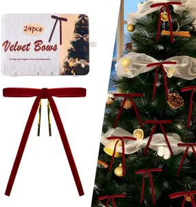 Velvet Bows for Christmas Tree 24 Pcs: Vintage Velvet Ribbon Bows for Tree Wreath Garland Gift Wrapping Decor - Small Christmas Tree Bows for Home Holiday Xmas Decoration (5"x7", 3/8" Width)