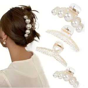 Elegant Pearl Bead Barrette Hair Claw Clips Large Stylish Plastic Barrettes with Golden Accents for Women & Girls | Chic Hair Accessories