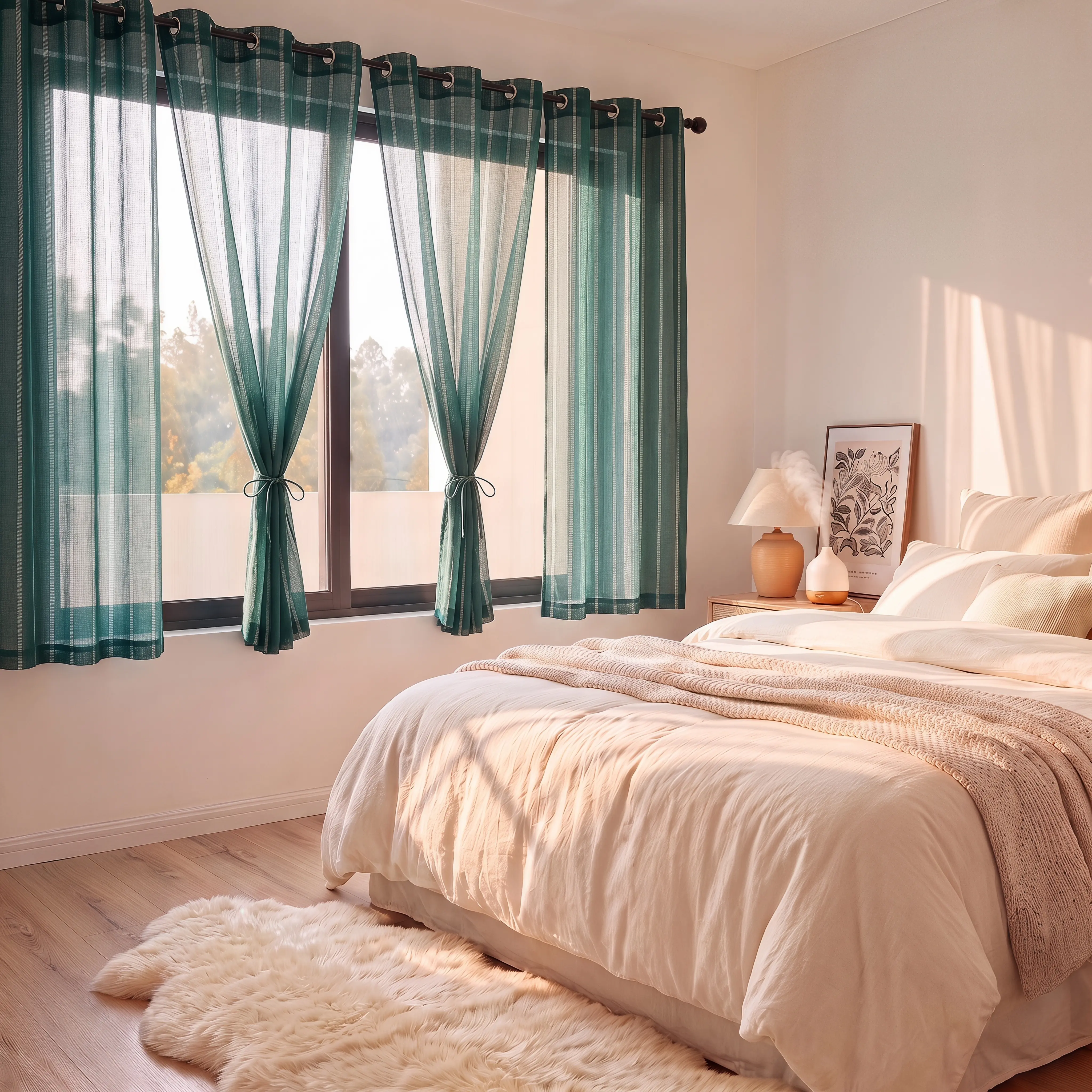 Home Decoration Curtain - 4-Piece Bamboo Gauze Yarn Sheer Grommet Top Curtains, 34x63 in, Polyester Blend, Rustic Look, Flat Weave, Breathable, Delicate Hollow-Out Stripes, Lightweight Light-Filtering for Bedroom, Living Room FT6661