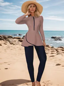 Women's Long Sleeve Peplum Top & Leggings Two Piece Modest Burkini Swimsuit