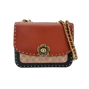 COACH Madison 23 Small Square Crossbody Bag for Women – Camellia-Metal Clasp, Refined Calfskin and Coated Canvas with Snake Leather, Monogram and Black