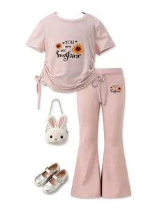 Summer Girls' Set, Sunflower + You Are My Sunshine Heartbeat Pattern, Drawstring Short Sleeves & Flared Pants Two-Piece