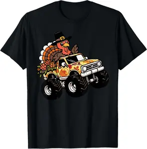 [100% Cotton] Thanksgiving Turkey Monster Truck Fall Toddler T-Shirt