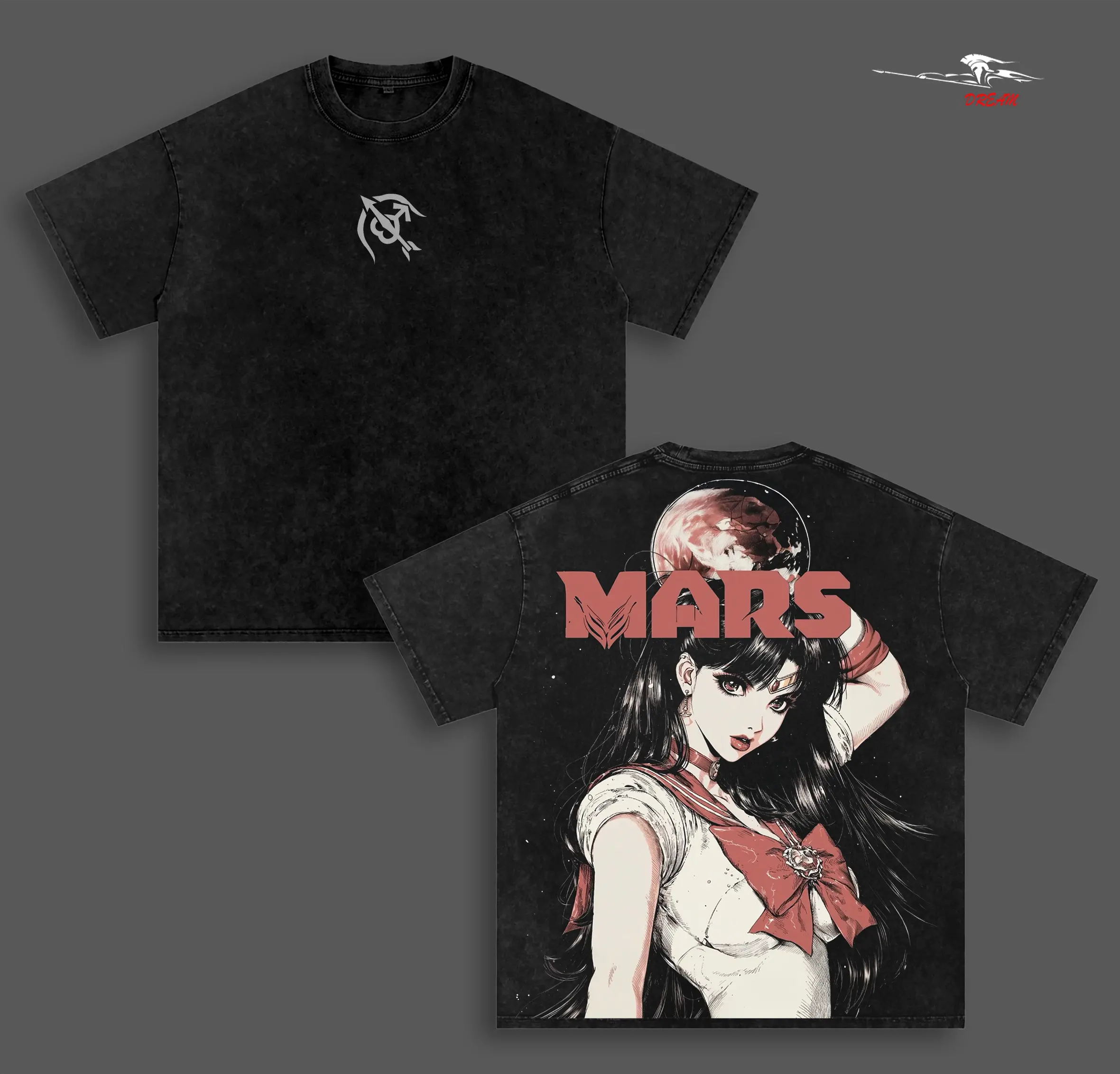 Sailor Mars Anime Double Printed Vintage Washed Tee Unisex Oversize Anime Manga Washed Heavyweight Cotton T-shirt