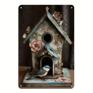 VintageFlowerBirdHouseAluminumWallArt-ReusableMetalSignageforHome,Bar,andCafeDecoration(8X12inches)