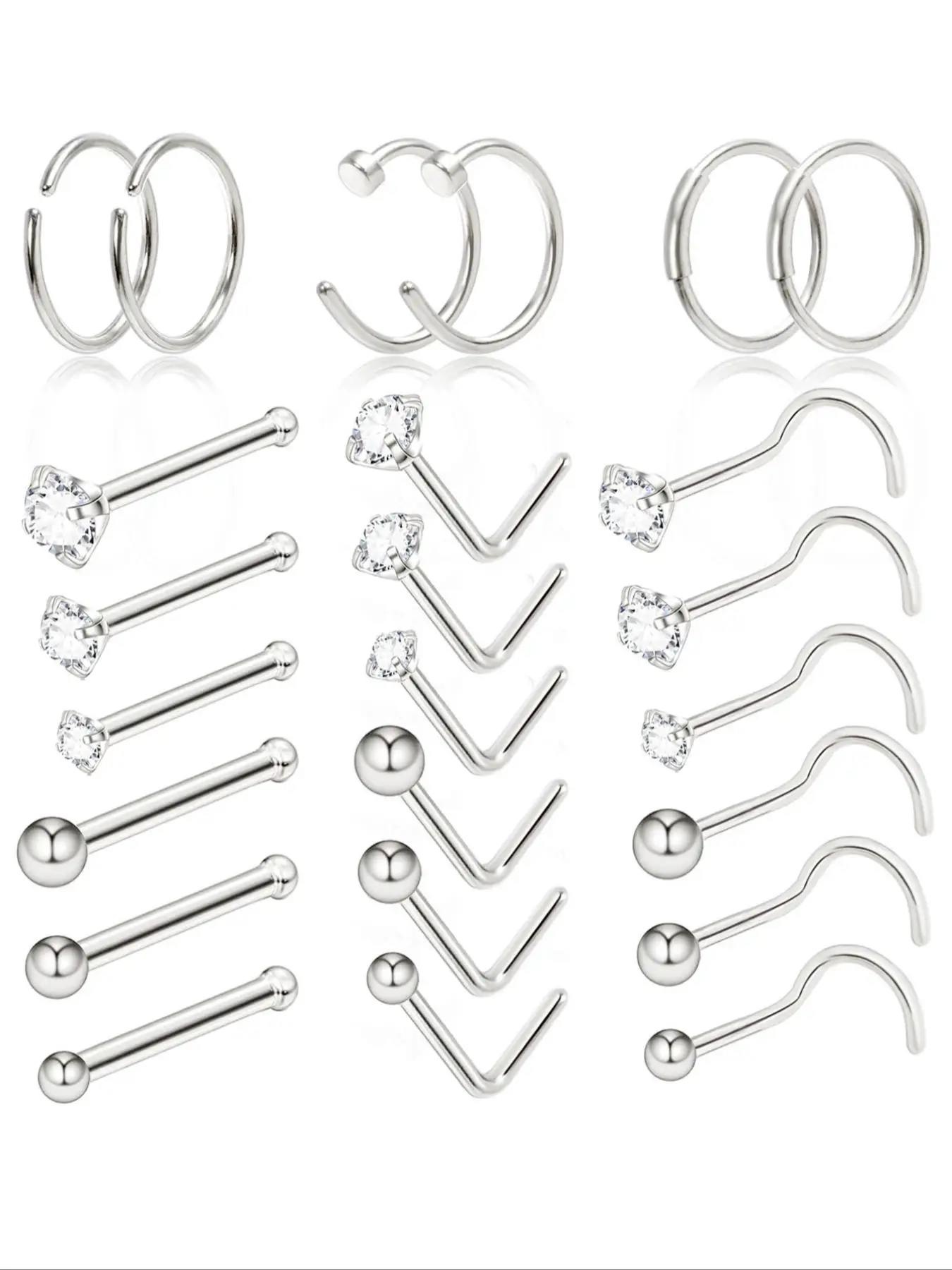 24pcs/set Funky Stainless Steel Rhinestones Decor Nose Ring, Nose Stud Set For Women & Girls, Body Jewelry For Body Decoration