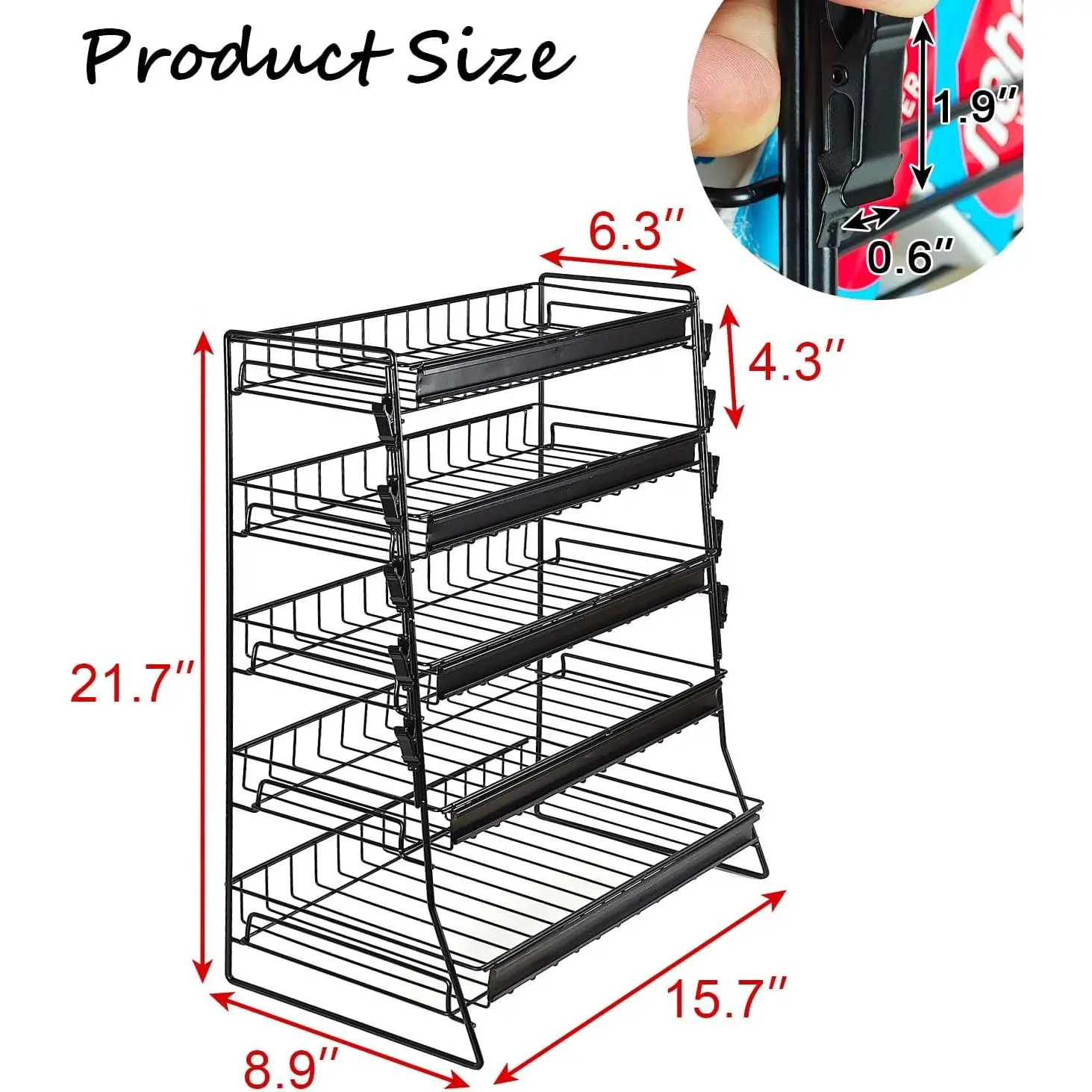5-Layer Metal-Frame Durable Candy Display Stand - Retail Display with Open Visibility, Label-Ready, 5-Tier Benchtop Home Organizer Shelf for Concessions, Kitchen (Black) - Boosts Customer Attention Countertop Stand Adjustable Shelf Rack