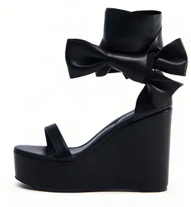 Custom Made Womens Black Platform Wedge Sandals with Bow Ankle Strap Open Toe Single Band High Wedge Heels Elegant Summer Wedge Sandals for Party Clubwear Evening Cocktail Formal Comfortable Casual Wedge Sandals