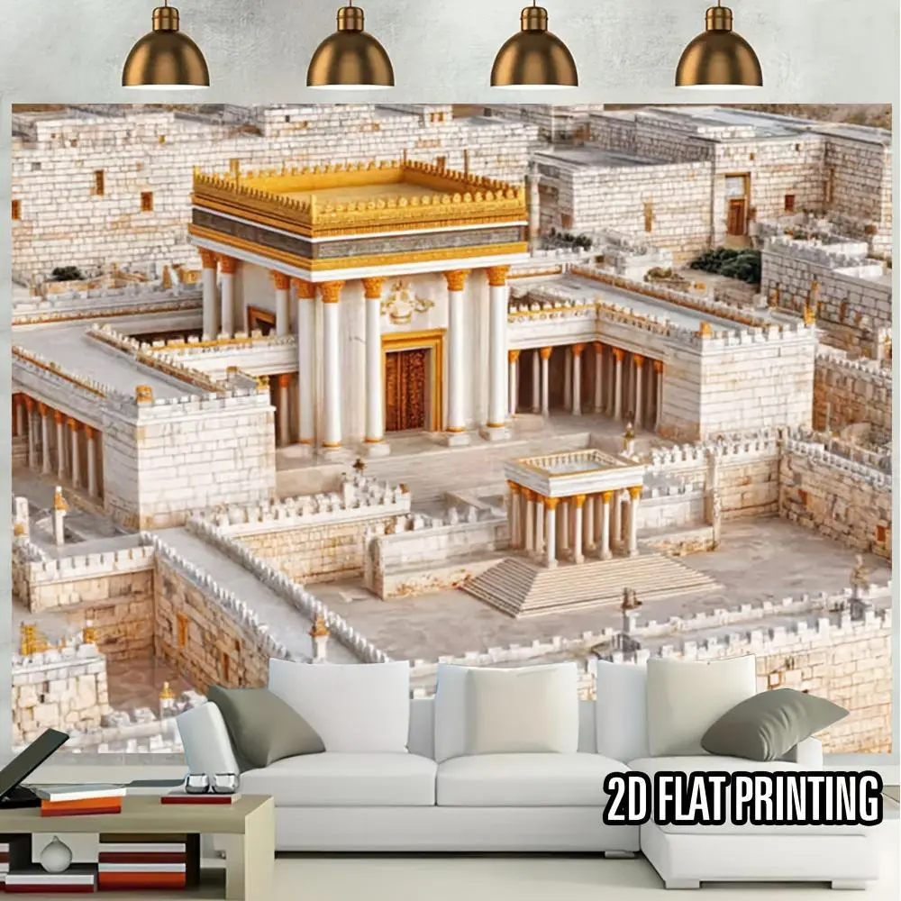 1pc Classical Jewish 2D Flat Ancient Jerusalem Second Temple Banner - Golden Columns & White Stone Walls Temple Print, Beige & Golden Jewish Decor, Glam Soft Texture Religious Ornament, Educational Judaism Home Textile, Digital Print, Rectangular, One-Pie