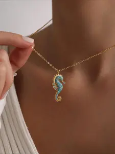 1pc Fashionable Seahorse Pendant Stainless Steel Necklace Creative Trend Women's Party Vacation Versatile Personality Design Necklace Gift