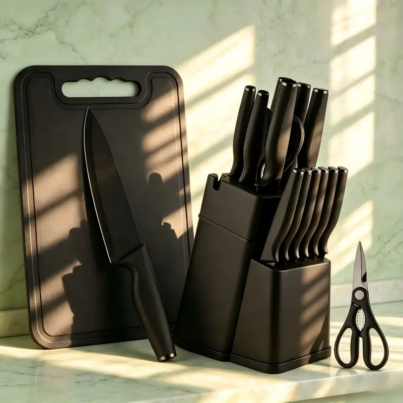 15 pieces/14 pieces/3 pieces black professional kitchen knife set with self sharpening stand and storage stand - including chef's knife/steak knife/bread knife, with ergonomic handle - ideal Christmas gift for home cooks and chefs