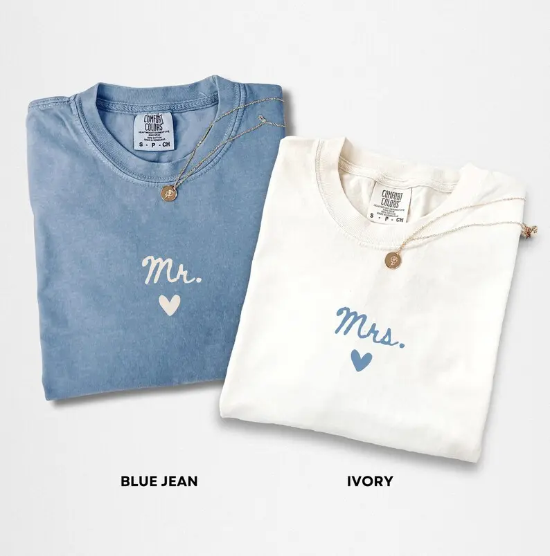 Mr and Mrs Matching Shirts with Heart, Newlywed Couple Shirt, Bride Groom Matching Outfit, Honeymoon Comfort Colors Shirt