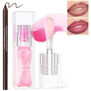 2-Pcs Set Color Changing Lip Oil with Brown Lip Liner,Big Brush Head Hydrating Non-Sticky Moisturizing Lightweight Magic Pink Glitter Tinted Lip Gloss for Women Plumping Lip Glow Oil for Dry Lips Makeup Waterproof Matte