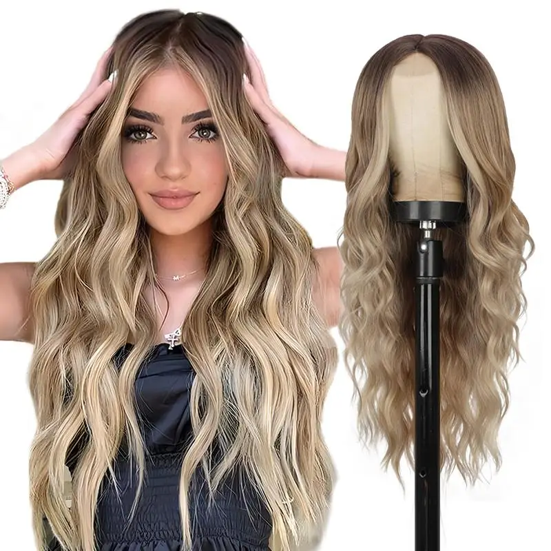 ZIHAN Women's Blonde Wavy Lace Front Wig with Dark Root | Natural-Looking Heat-Resistant Synthetic Hair | Charming Daily & Party Style