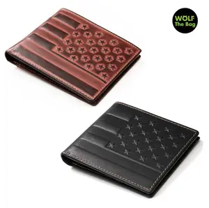 Top-Grain Leather RFID Blocking Brown/Black Flag Pattern Embossed Short Wallet with Card Slots, Vintage Western Cowboy, Retro