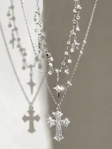 Women's Y2K Multi-Layer Necklace Set, Sparkling Zirconia Gothic Cross Pendant & Star Charm, Elegant Fashion Jewelry for Women, Exquisite Chain Jewelry, Cross Necklaces
