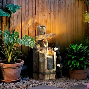 22.8" 3-Tier Resin Bears on Log Outdoor Waterfall Fountain with LED Lights Adjustable Water Flow IP44 Weather-Resistant Garden Decor