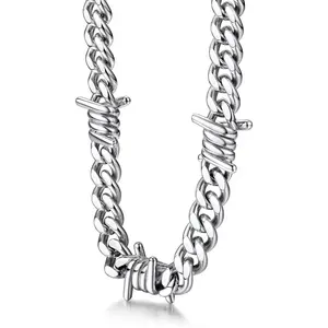 Barbed Wire Necklace 5/7/9/12mm Mens Chain Necklaces Hip-hop Punk Gothic Stainless Steel Chain Heavy Thick Cuban Link Chain for Men Women, Length 16/18/20 Inch