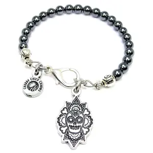 Sugar Skull And Crossbones Hematite Glass Bracelet
