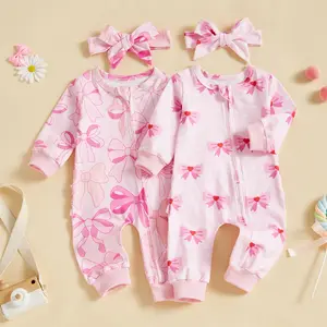 Preemie Baby Girl Clothes Bow Print Romper Jumpsuit Zipped Long Sleeve Newborn Clothes Coming Home Outfit