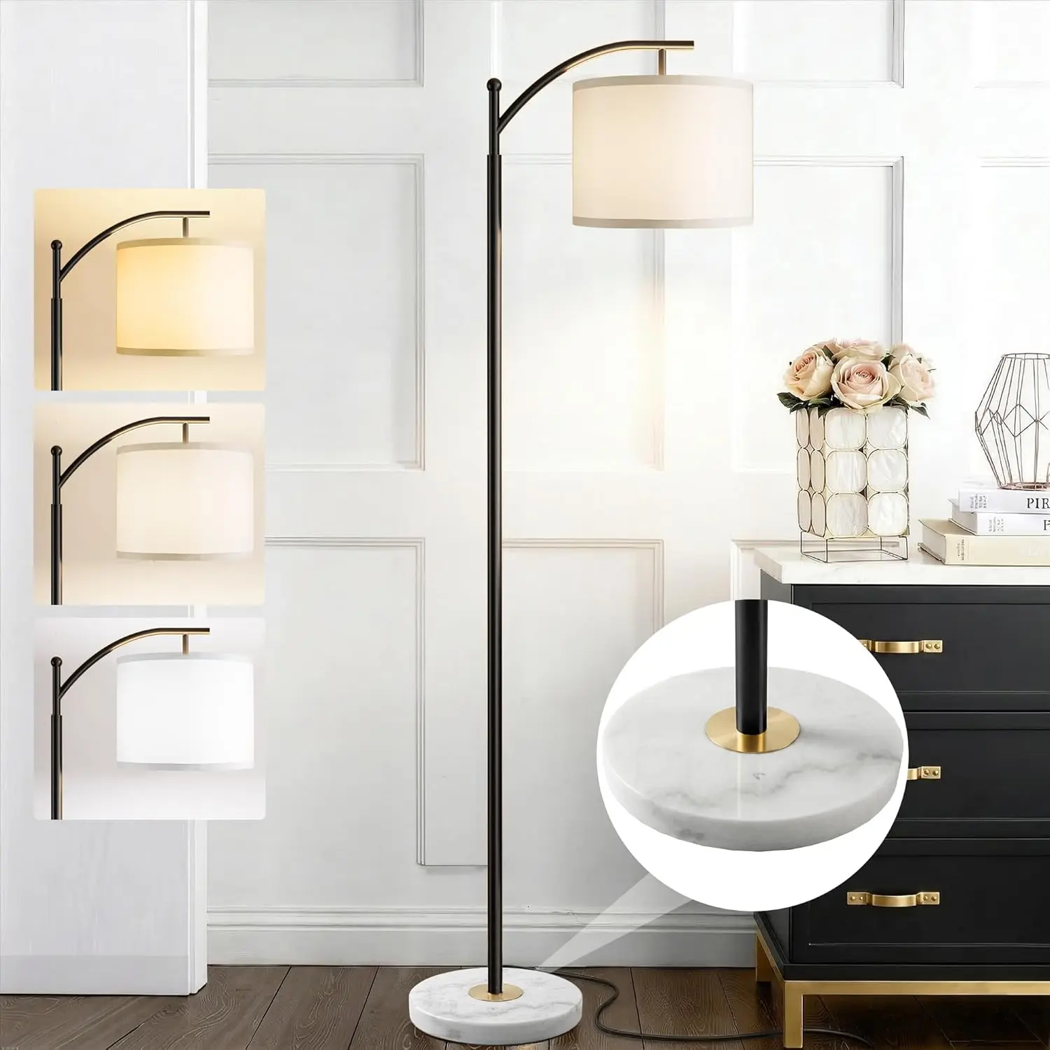 Gold Floor Lamp for Living Room with Marble Base, Modern Standing Lamp with 3 Color Temperatures Bulb & Adjustable Linen Shade, Tall Lamp for Bedroom Office Reading Nursery