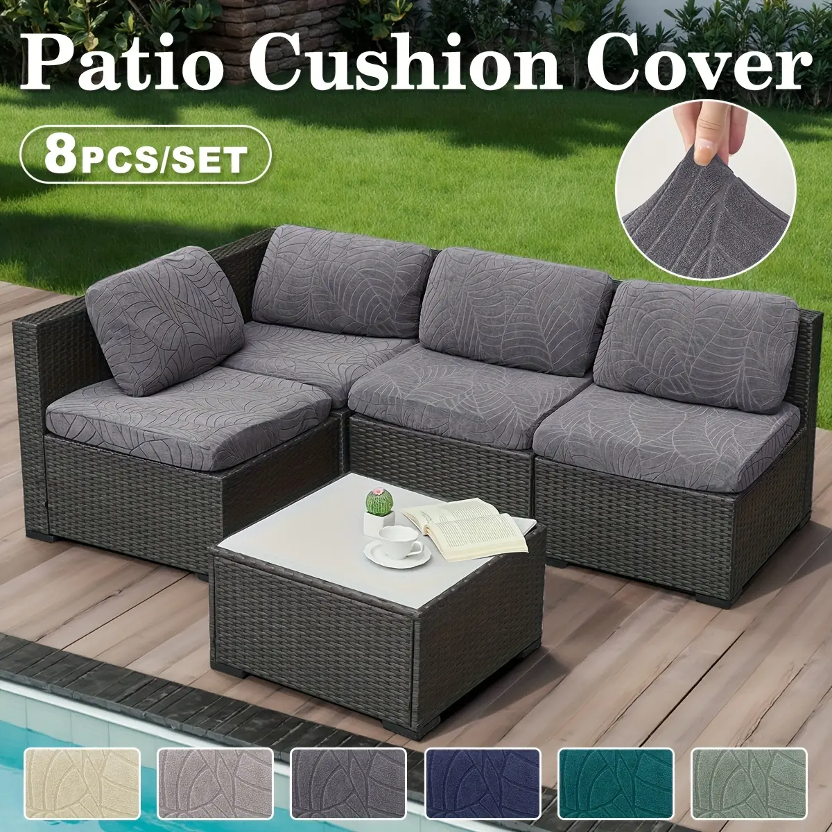 8 Pcs Set of Elastic Large Leaf Jacquard Covers—Suitable for Pool Cushions, Throw Pillows, Seats, Home Outdoor Seating Furniture, Patio Sectional Set, and Sofas—Reusable, Easy-to-Clean Garden Furniture Covers