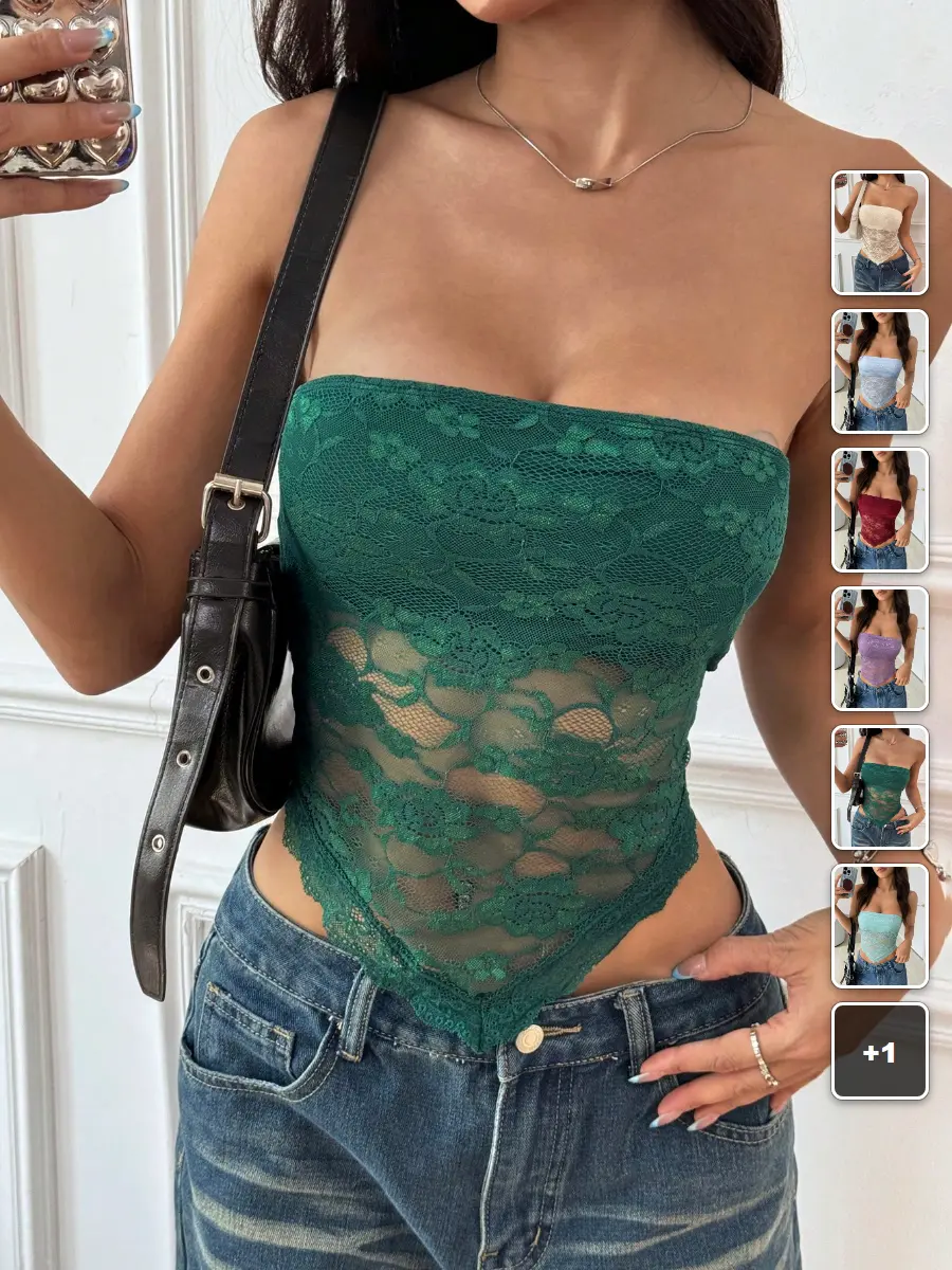 Strapless Crop Top Lace Patchwork Asymmetric Hem Going Out Summer Top