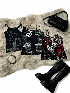 American Punk Style Skull Graffiti Print Straps, Dark Subculture Summer Home Top Set of Three, Casual Sleeveless Slim-Fitting Clothing