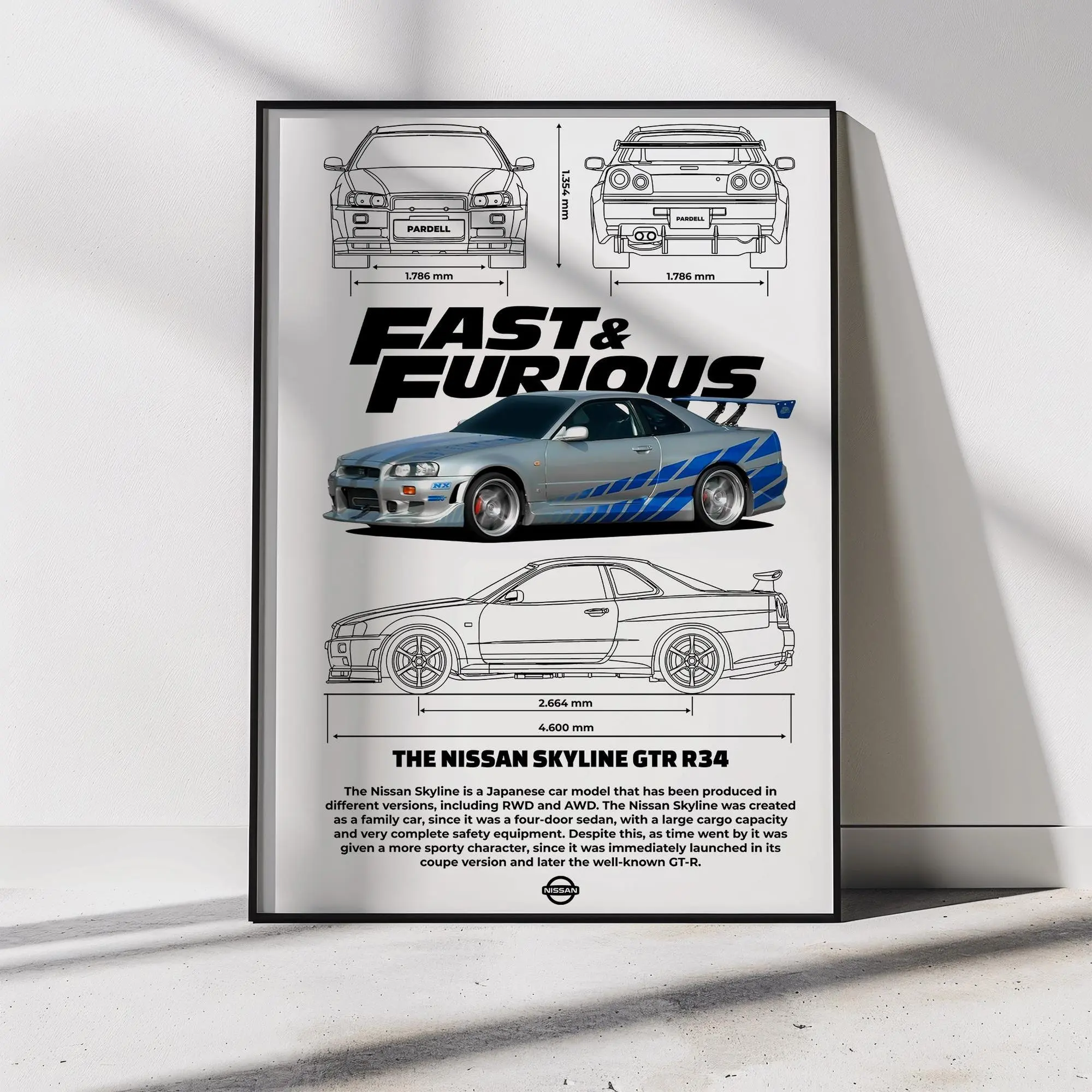 Nissan Skyline GT-R R34 Poster - Godzilla, Car Blueprint Wall Art