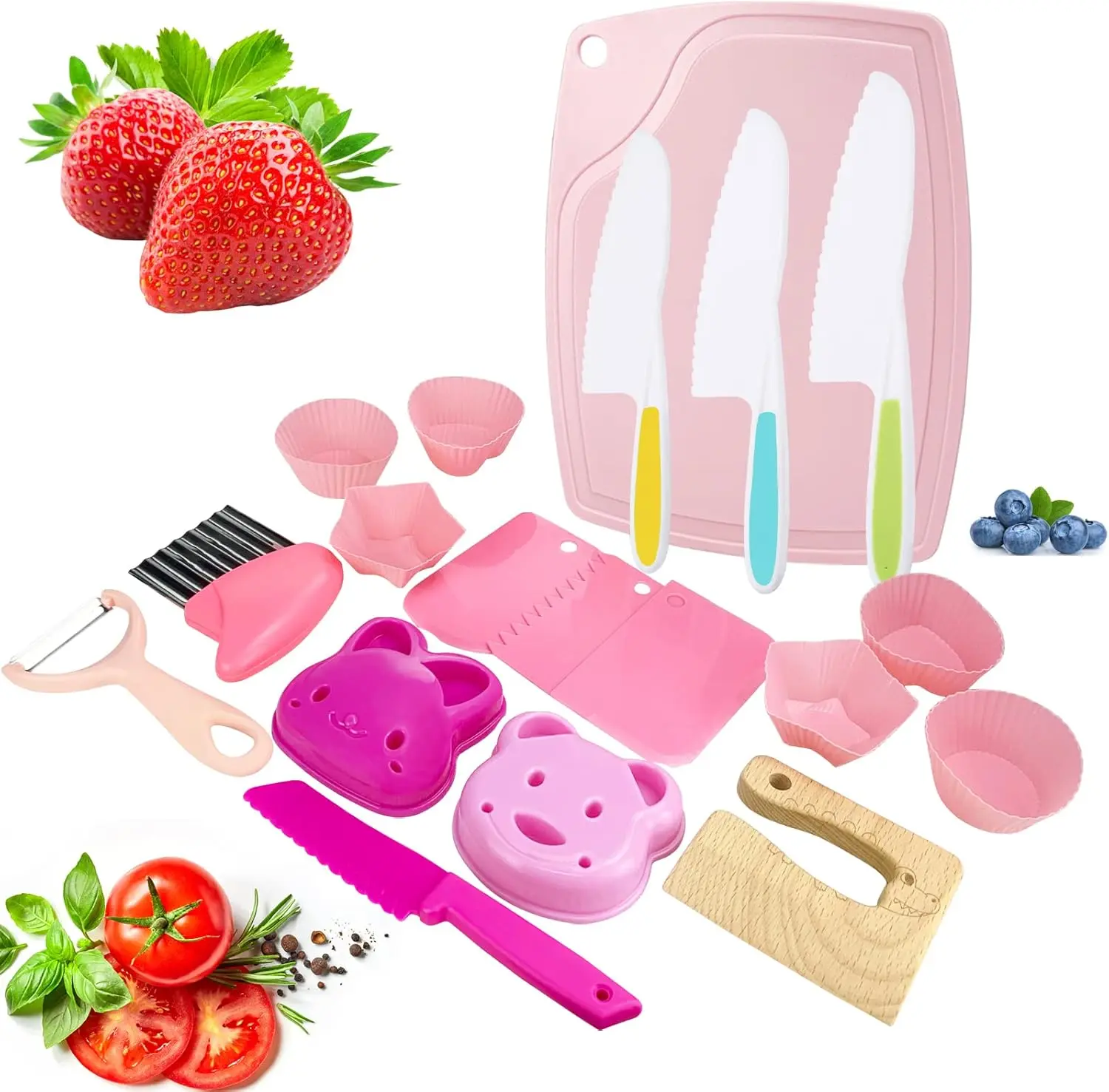 Summer Spring Gift   Kids Safe Knife Set 19 PCS with Safe Plastic Knives, Crinkle Cutter, Cutting Board, Cake Scraper
