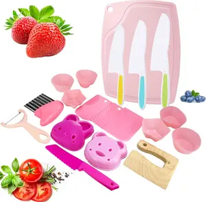 Easter Gift  Kids Safe Knife Set 19 PCS with Safe Plastic Knives, Crinkle Cutter, Cutting Board, Cake Scraper