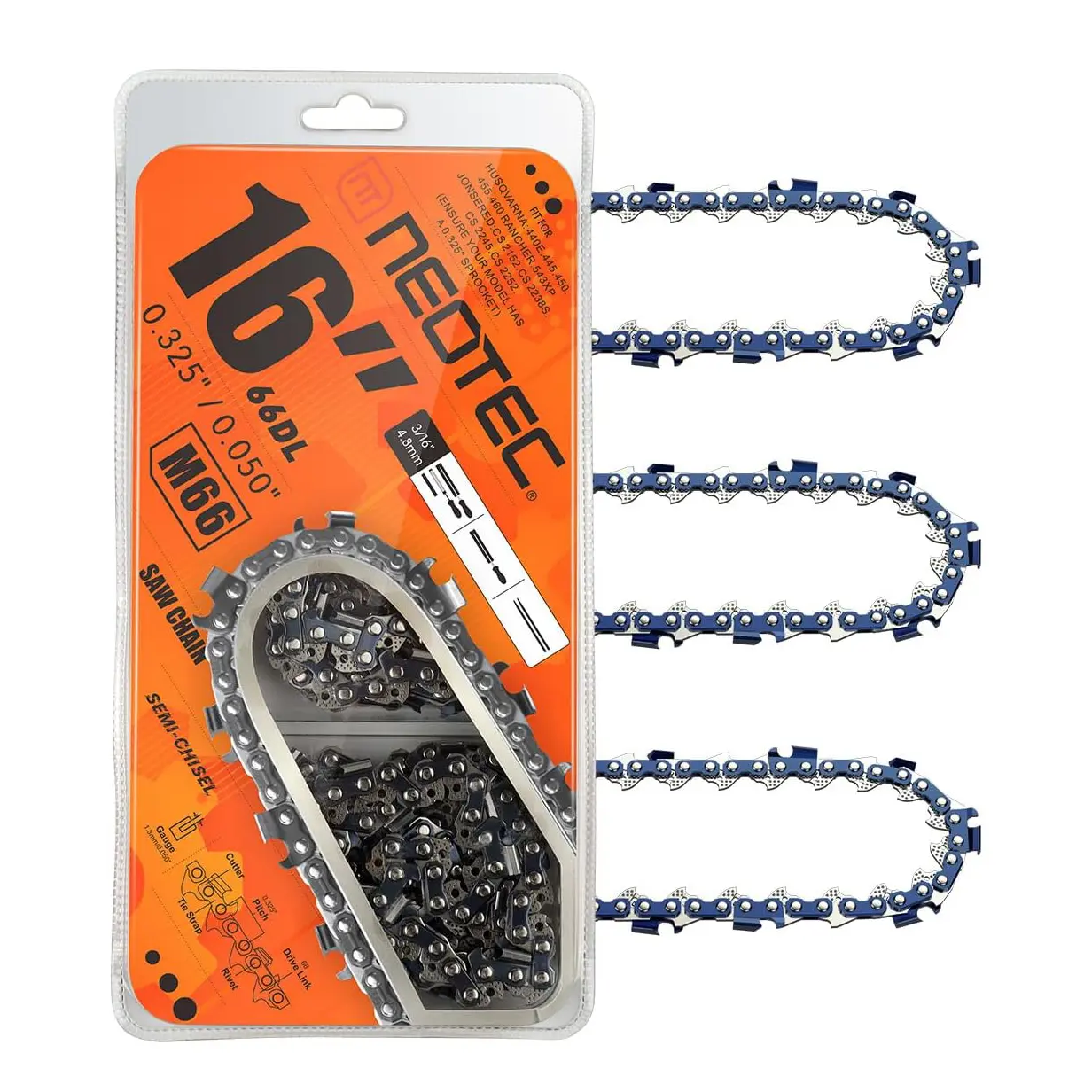 NEO-TEC 3 Pack 16 Inch 2036 Turbo Chainsaw Chain - 0.050" Gauge, 0.325" Pitch, 66 Drive Links, Fits 435/435e, 440/440e, 450 Rancher, 543XP and More - M66