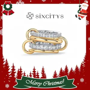 ��V54��Christmas Exclusive 18K Gold Plated Moissanite Interlocked Stackable Ring Set for Women-Statement Multi Ring Mixed Metals Stack