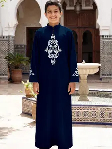 Boys Thobe, Navy Blue White Ornate Scroll Embroidery Half-Zip Modest Long Dress for Ramadan Robe Kids Clothing