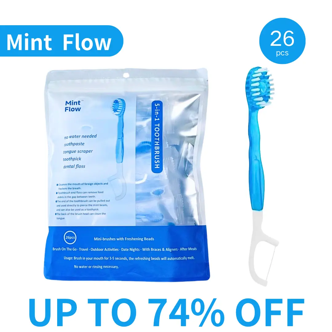 Mint Flow 5-in-1 Mini Toothbrush with Probiotics - 26 Count | Inhibits Bacterial Growth, Freshens Breath | Recyclable & On-The-Go Compact Oral Care Se