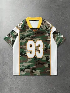 Vintage Camo Print Football Jersey, 93 Number Streetwear Top with Yellow V-Neck & White Spliced Panels, Breathable Casual Sportswear Shirt, Loose Fit Hip Hop Tee for Festival, Daily Wear & Blokette Style Outfits