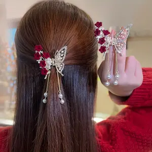European and American Vintage Butterfly Cherry Blossom Hair Clip, New Elegant Tassel Hairpin, Fashionable Luxury High-End Hair Accessory for Women
