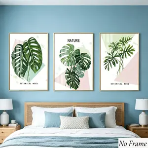 3pcs Monstera Plant Wall Art, Watercolor Leaves & Geometric Elements, Ideal for Living Room, Bedroom, Office, Rental Homes Decor
