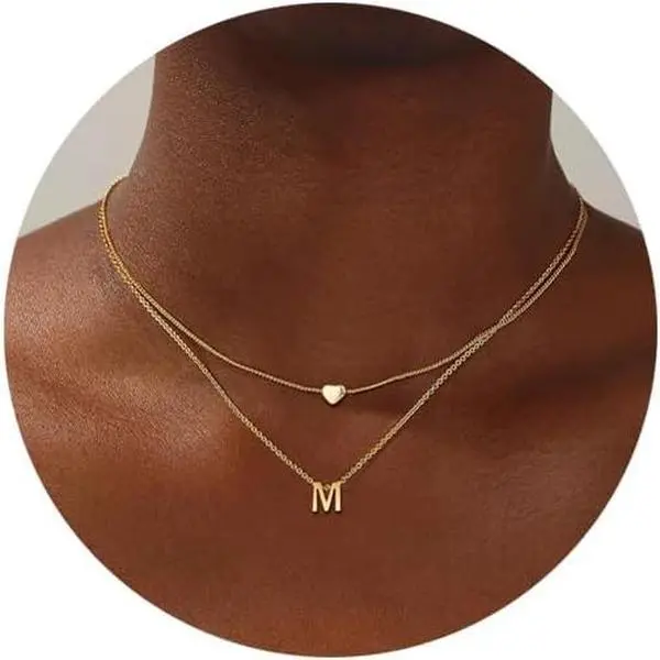 18K Gold Plated Stainless Steel Layered Heart Initial Necklace Personalized Tiny Letter Choker Necklace Monogram Name Necklace for Women