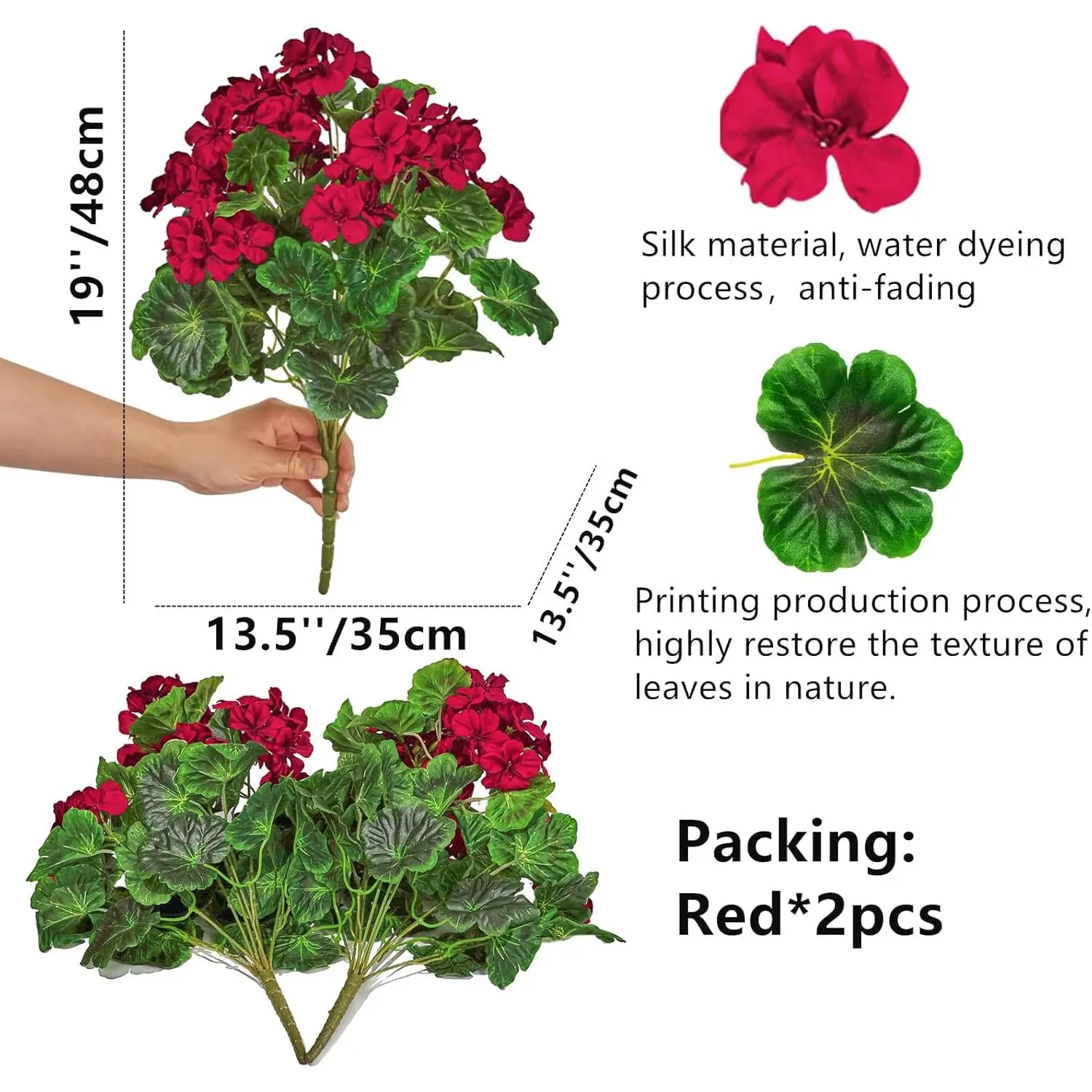 QIANYUN 2Pcs 19'' Realistic Artificial Geranium, Uv Resistant, Wedding Kitchen Garden Table Centerpieces Indoor Outdoor Decor (Red Geranium Flower)