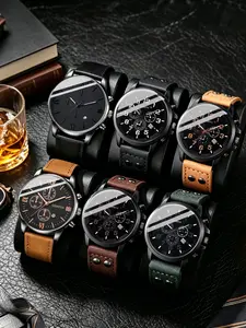 Men's Leather Band Calendar, Business Trendy Personal Gift Set, 6 Piece, No Box Included, Fashionable Hip-Hop Style, Business Fashion Watches, Trendy Versatile Watch, Quartz Analog Wristwatch